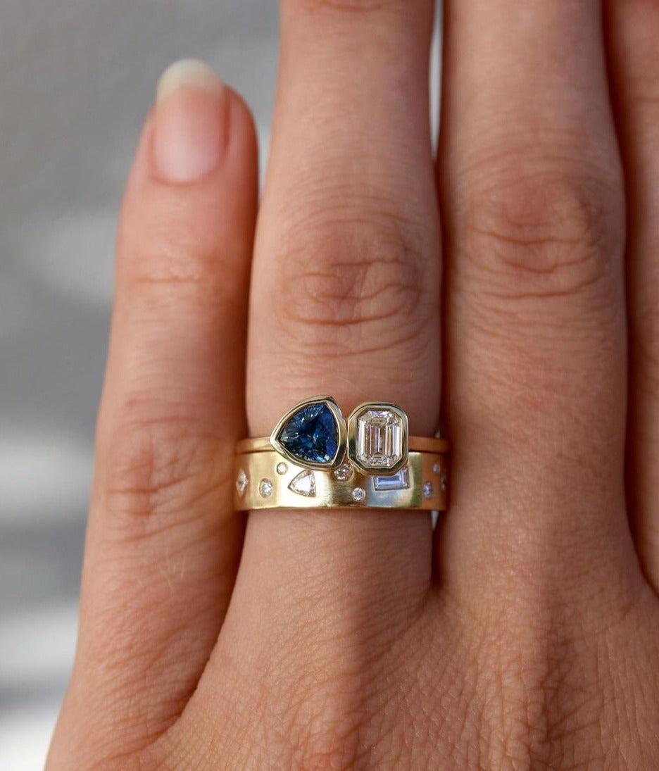 2.5Ct Blue Trillion And White Emerald Cut Bezel And Two Stone Ring Set | Anniversary Gift Ring Set For Wife | Double Band Ring Set | Thank You Gift
