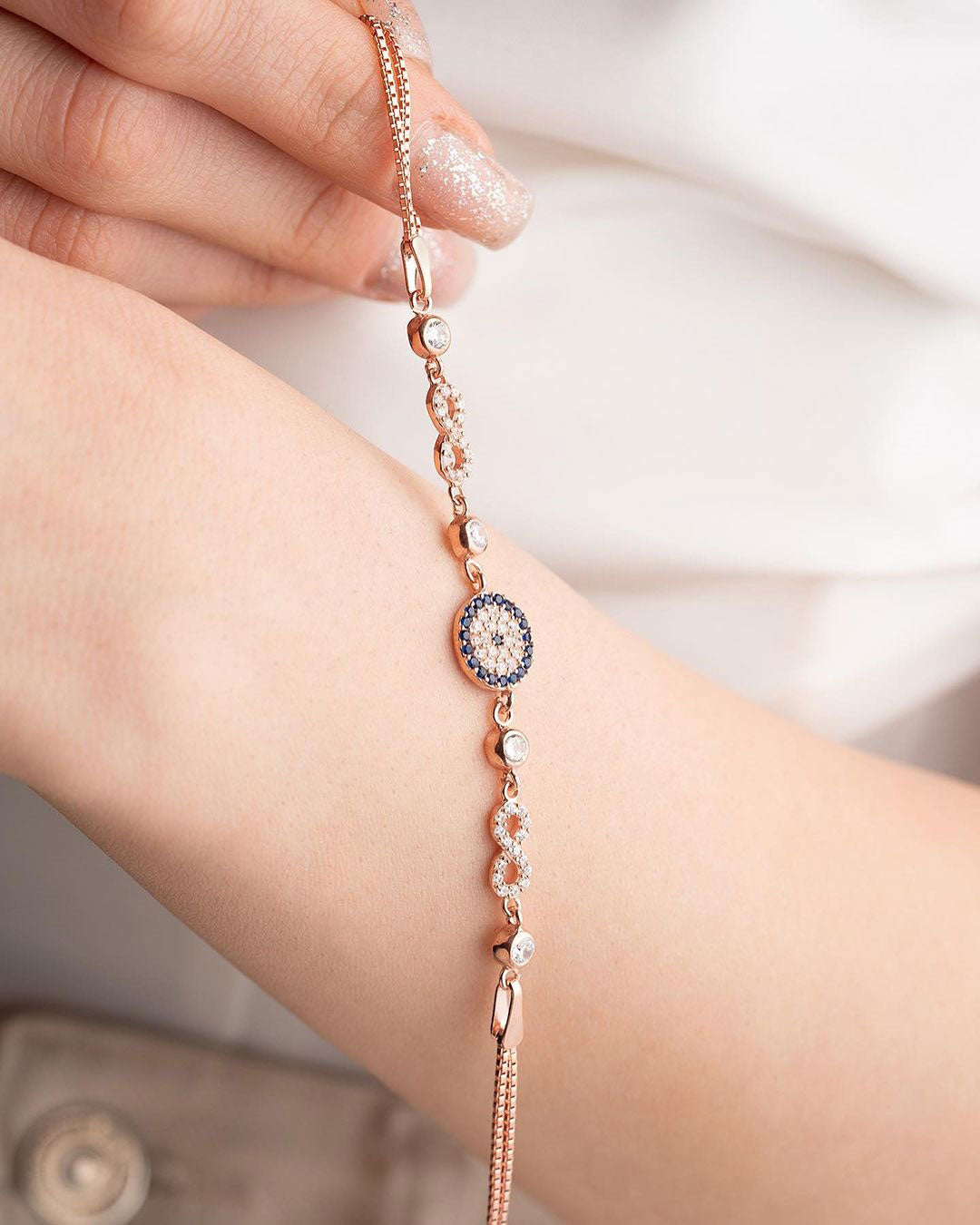 Blue And White Round Brilliant Cut Signity Diamond Cluster Bracelet For Women | Double Infinity Bracelet | Designer Bracelet For Her