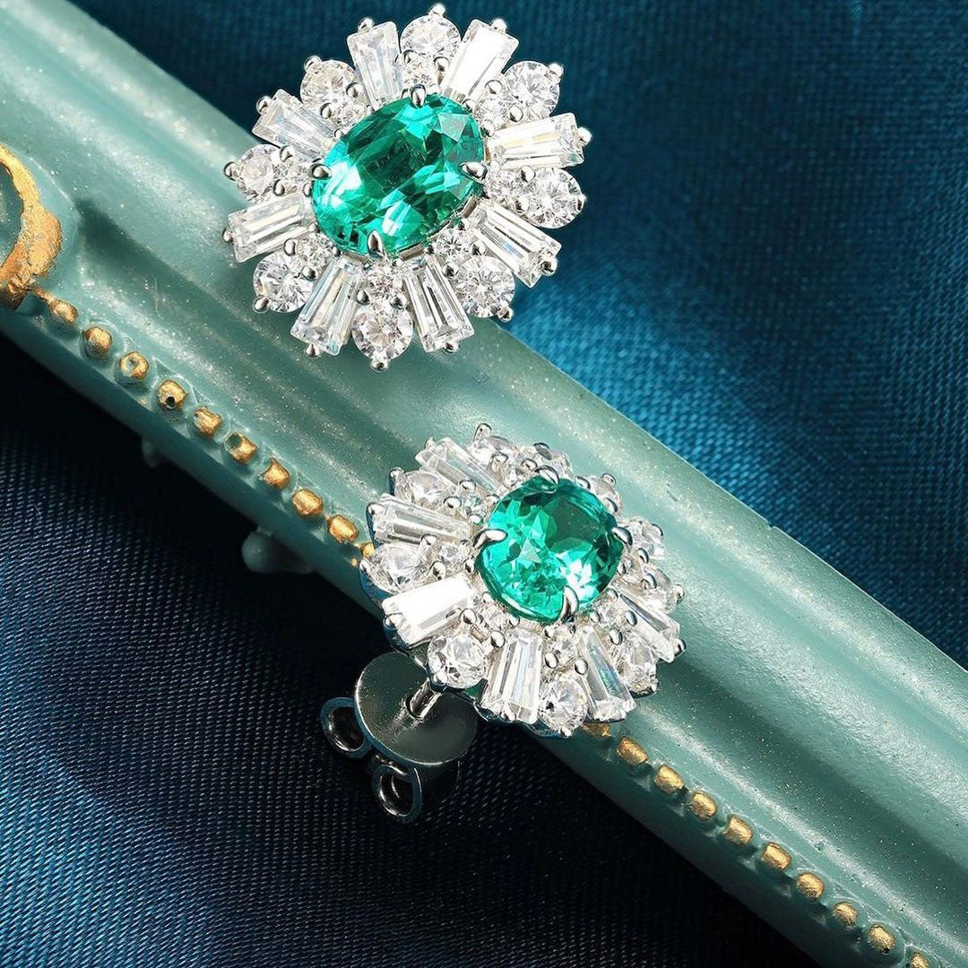 Green Oval Cut Cubic Zirconia Solitaire With Cluster Stud Earring | Unique Statement Earring For Her | Special Events Earring
