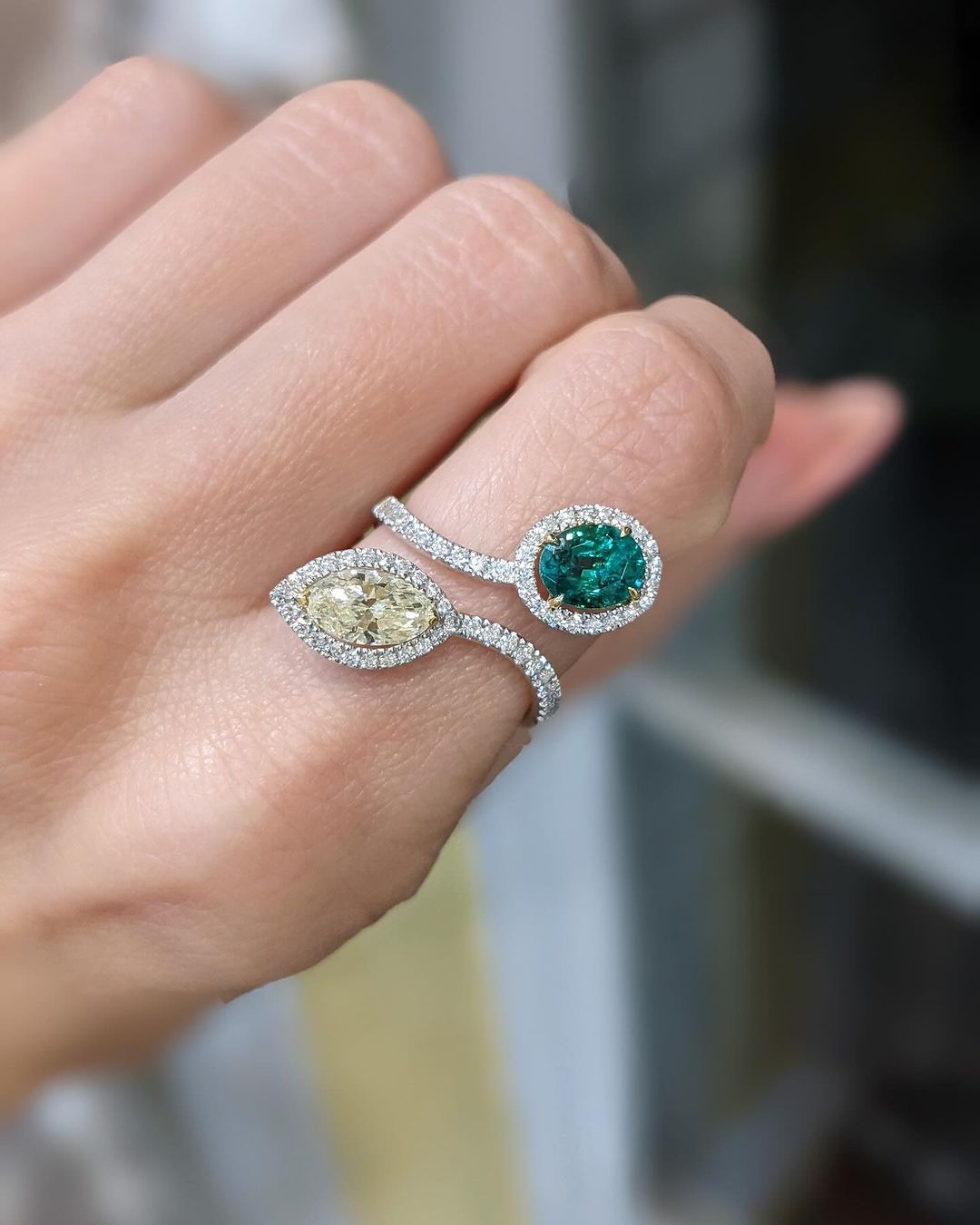 2.2Ct Green Oval And Yellow Marquise Cut Halo Ring | Wedding Ring For Bridal | Proposal Ring | Attractive Ring