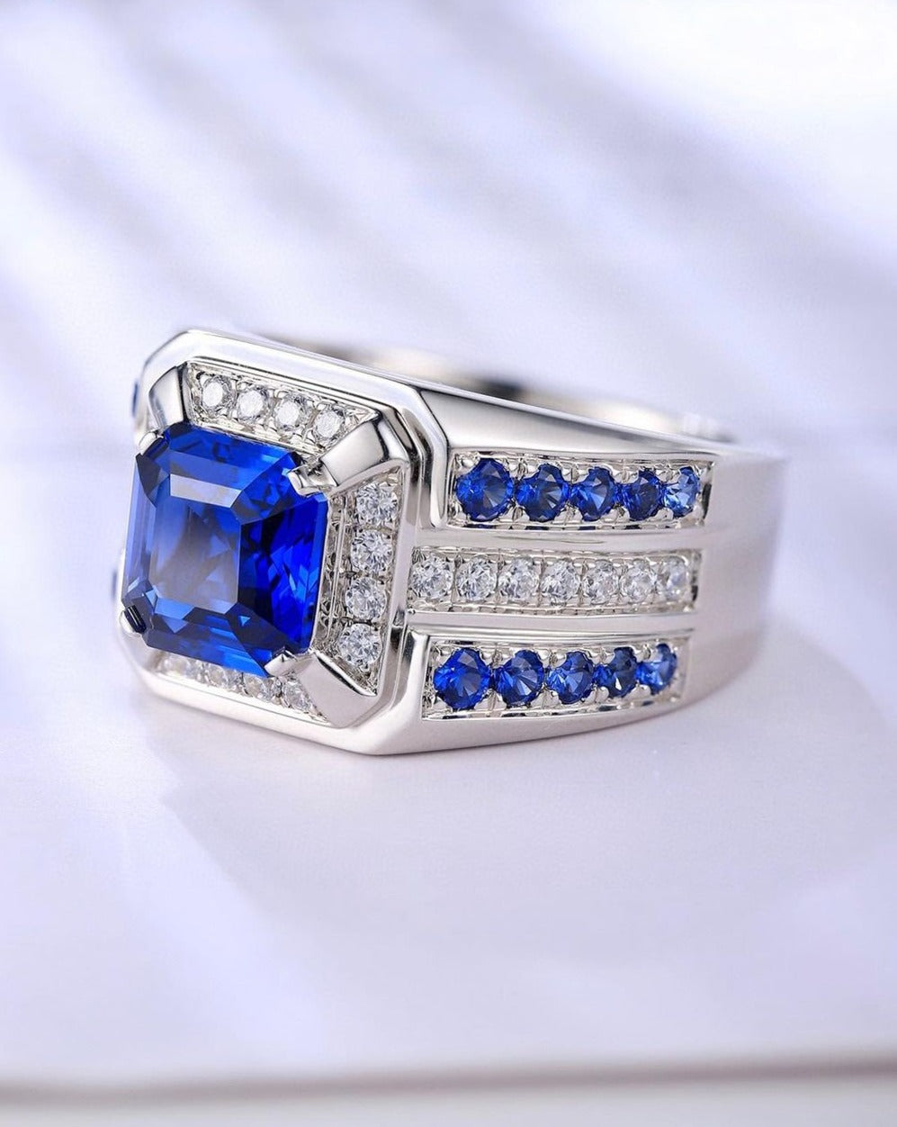 2.8Ct Blue Asscher Cut Halo Men's Ring | Engagement Promise Ring For Men | Stacking Ring | Designer Ring