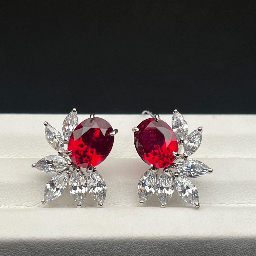 Red Oval Cut Cubic Zirconia Solitaire With Cluster Earring For Her | Engagement Bride Gift | Women Jewelry Collection