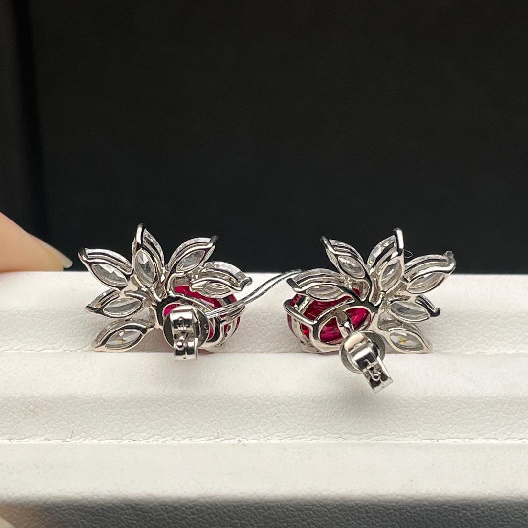 Red Oval Cut Cubic Zirconia Solitaire With Cluster Earring For Her | Engagement Bride Gift | Women Jewelry Collection
