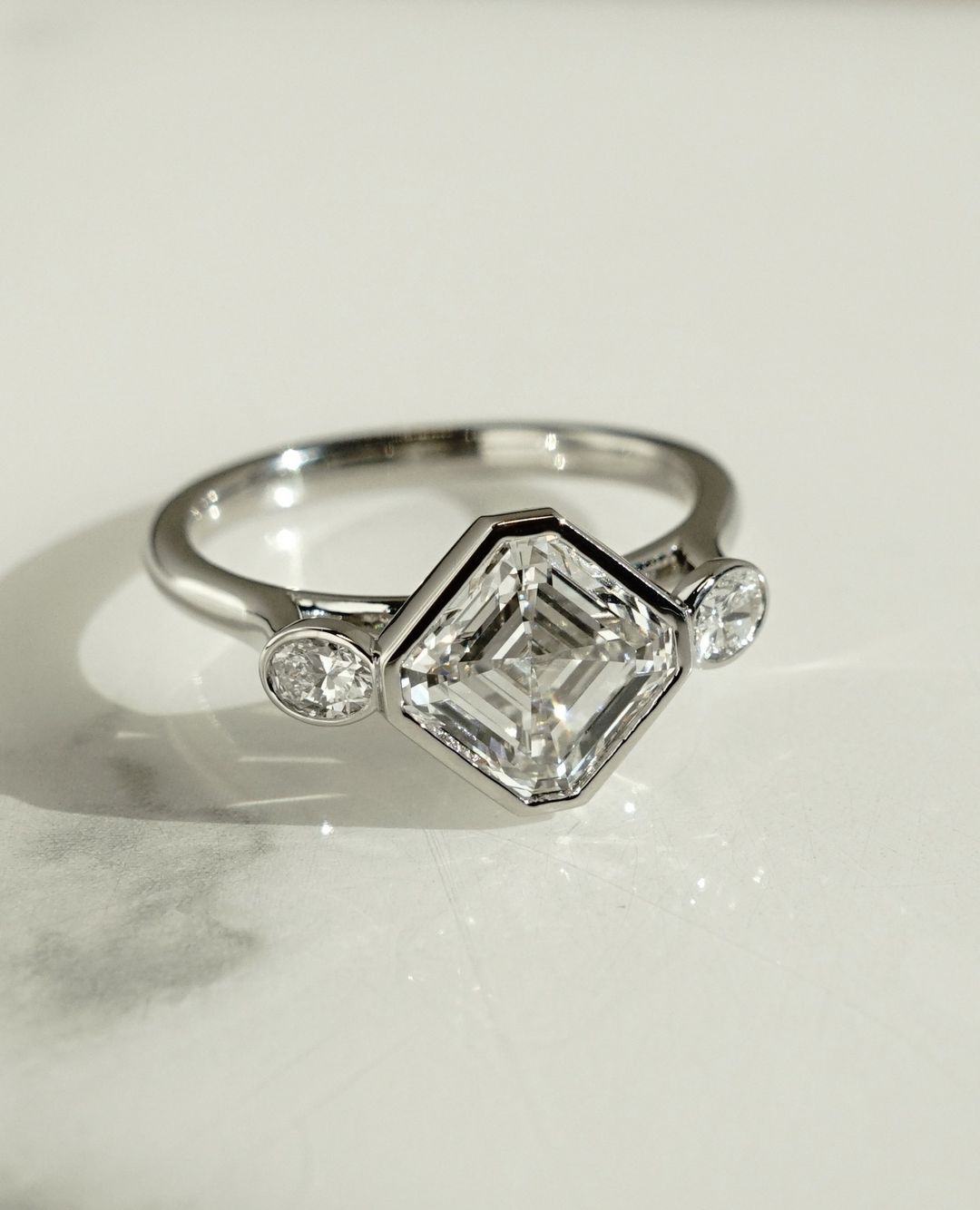 3.1Ct White Asscher Cut Bezel And Three Stone Ring | Birthday Gift Ring For Her | Classic Ring For Women | Jewelry Collection