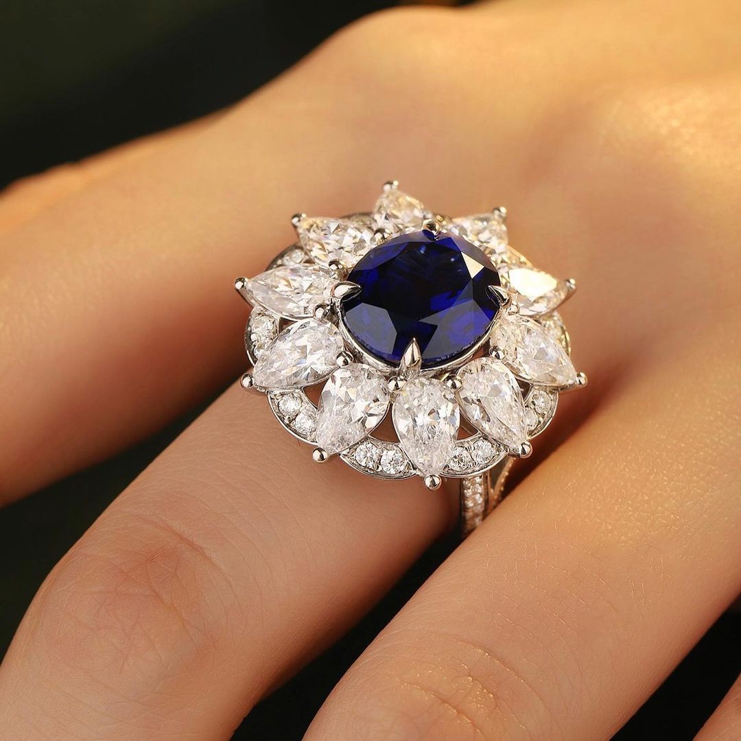 3.2Ct Blue Oval Cut Halo Ring | Party Wear Ring For Her | Special Occasion Ring | Modernist Ring