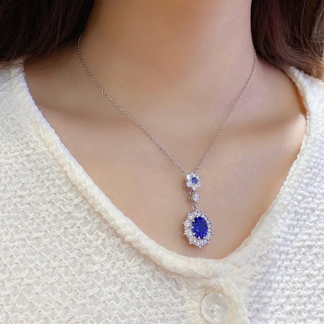2.88Ct Blue Oval Cut Halo Pendant | Modern Style Pendant | Stylish Pendant For Women | Sentimental Gift Pendant | Luxury Jewelry