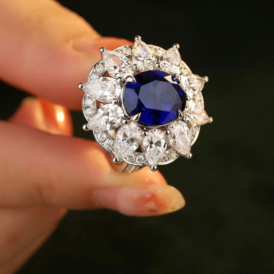 3.2Ct Blue Oval Cut Halo Ring | Party Wear Ring For Her | Special Occasion Ring | Modernist Ring