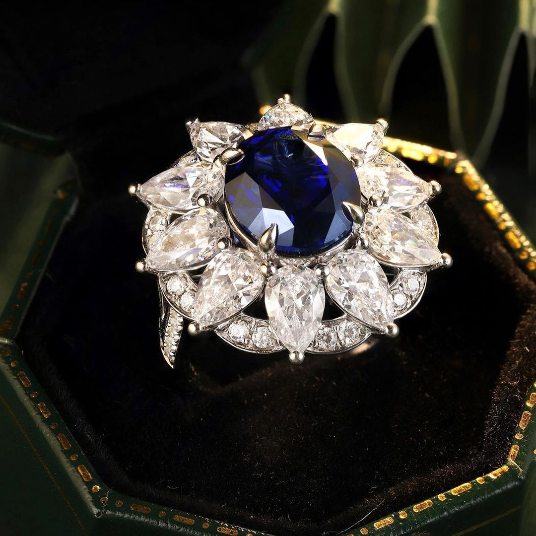 3.2Ct Blue Oval Cut Halo Ring | Party Wear Ring For Her | Special Occasion Ring | Modernist Ring