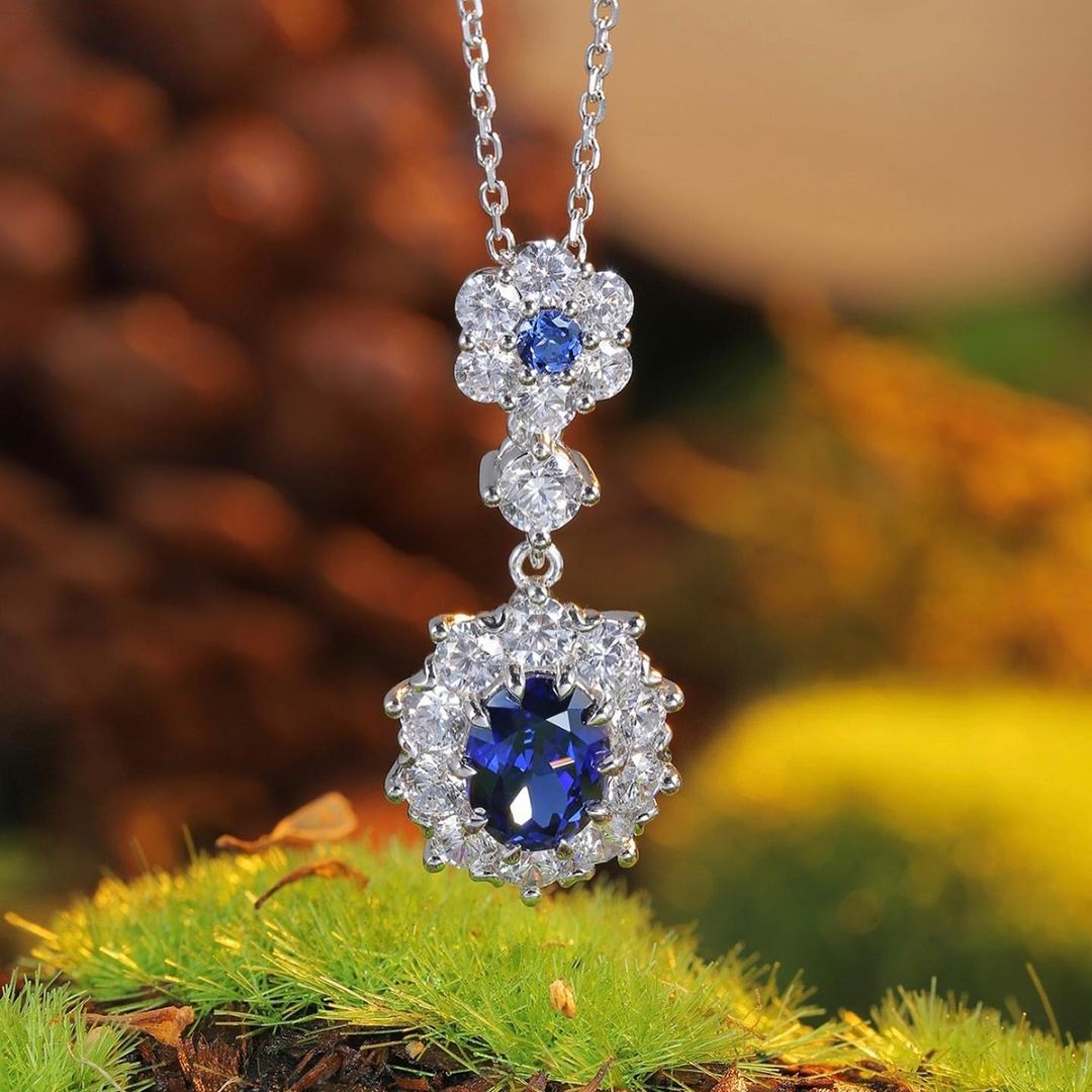 2.88Ct Blue Oval Cut Halo Pendant | Modern Style Pendant | Stylish Pendant For Women | Sentimental Gift Pendant | Luxury Jewelry