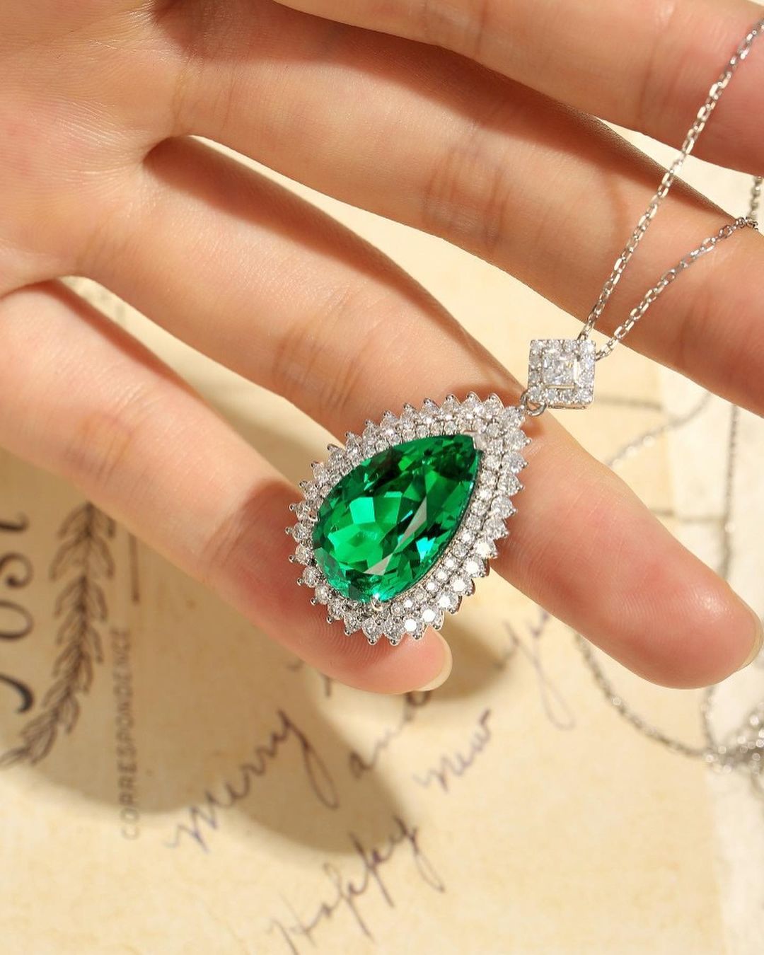 3.50Ct Green Pear Cut Double Halo Pendant | Party Wear Pendant | Wedding Gift Pendant For Bridal | Bride To Be | Sentimental Gift Pendant