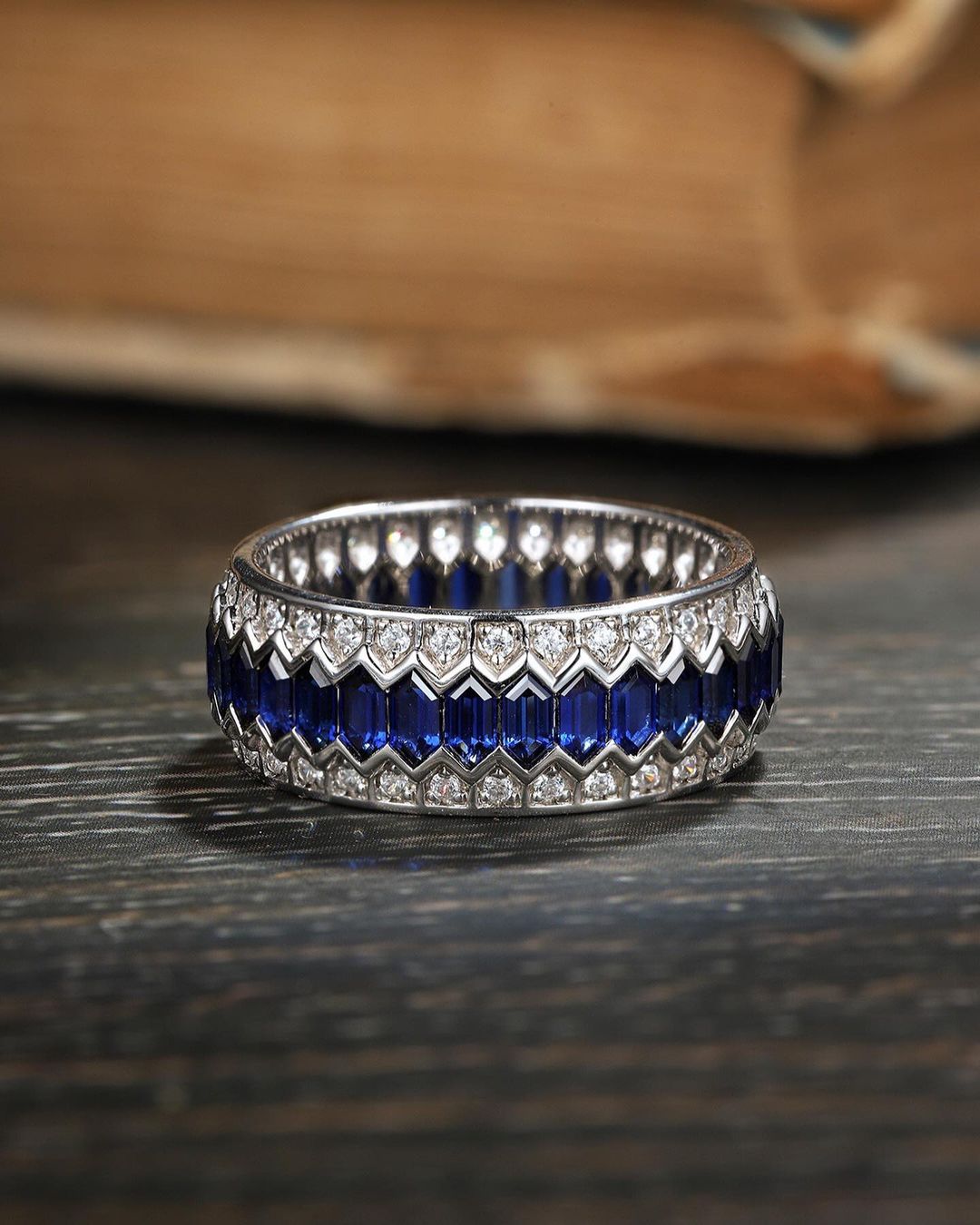1.4Ct Blue Hexagon Cut Pave Band | Birthday Gift Band | Gift For Mother | Gemstone Band