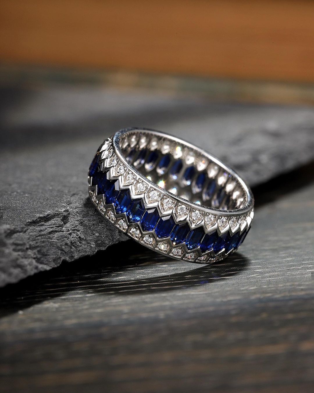 1.4Ct Blue Hexagon Cut Pave Band | Birthday Gift Band | Gift For Mother | Gemstone Band