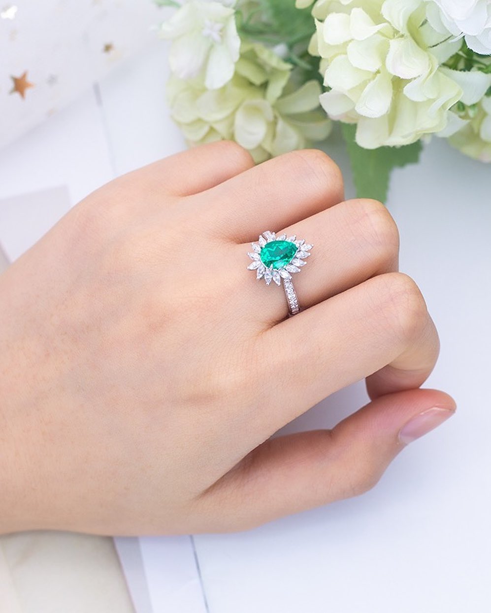 3.1Ct Green Pear Cut Halo Ring| Party Wear Ring | Special Occasion Ring | Timeless Design