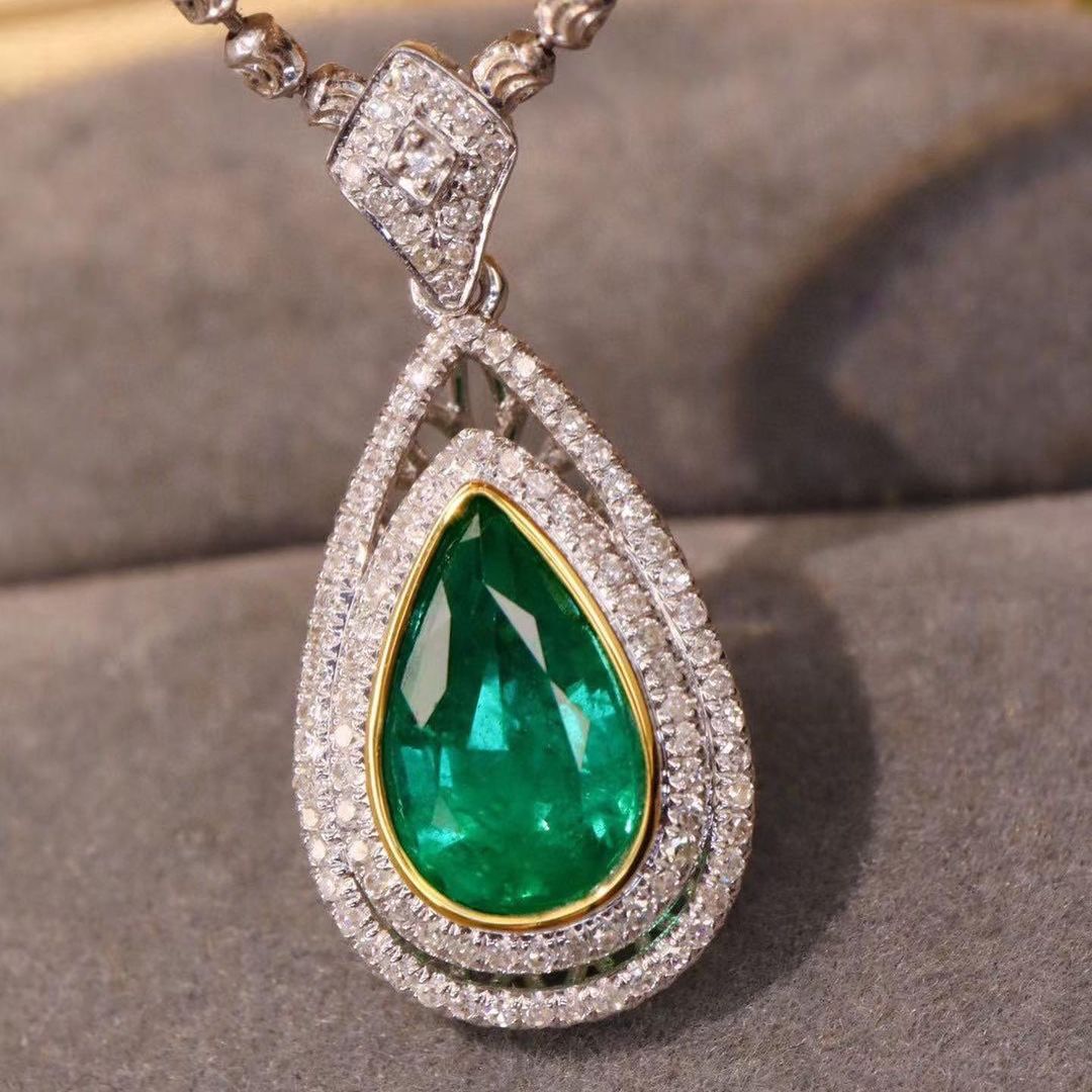 3.50Ct Green Pear Cut Bezel With Halo Pendant | Party Wear Pendant For Her | Timeless Design | Designer Jewelry Piece