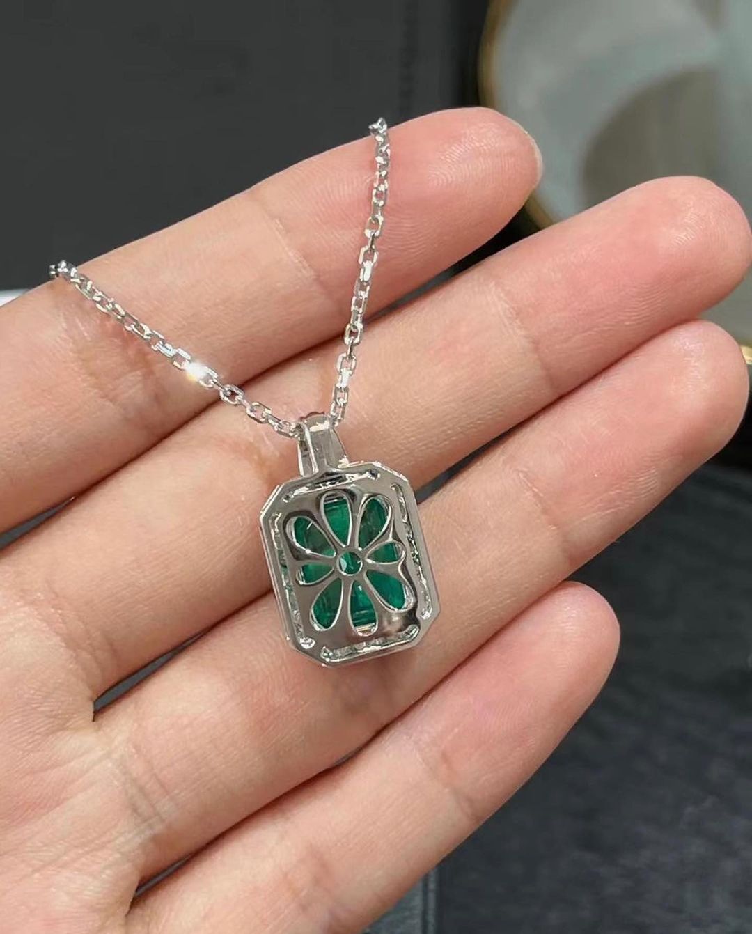2.88Ct Green Emerald Cut Halo Pendant | Wedding Pendant For Bridal | Charming Pendant | Birthstone Pendant