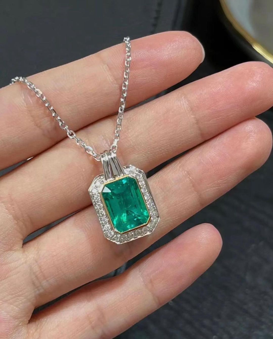 2.88Ct Green Emerald Cut Halo Pendant | Wedding Pendant For Bridal | Charming Pendant | Birthstone Pendant