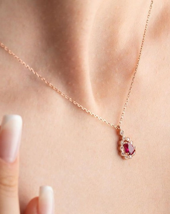2.50Ct Red Pear Cut Halo Pendant | Wedding Pendant For Women | Statement Pendant For Her | Bridal Jewelry