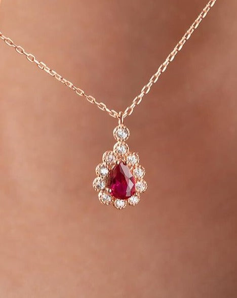 2.50Ct Red Pear Cut Halo Pendant | Wedding Pendant For Women | Statement Pendant For Her | Bridal Jewelry