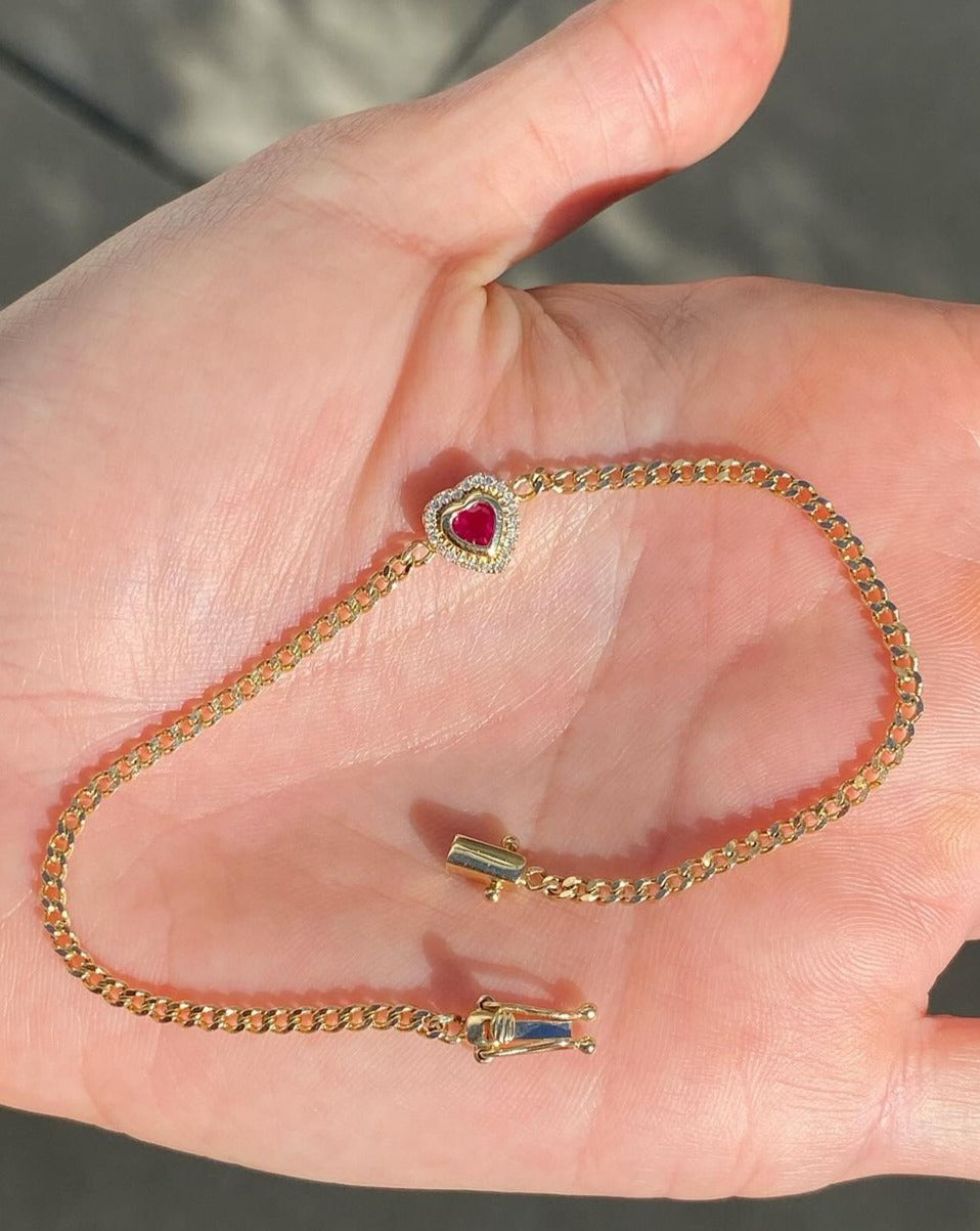 Red Heart Brilliant Cut Signity Diamond Cuban Chain Bracelet For Women | Bezel Set Diamond Chain Bracelet | Anniversary Gift