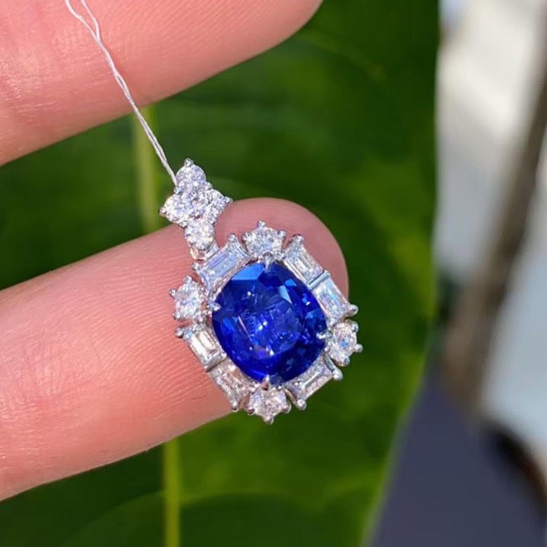 2.85Ct Blue Cushion Cut Halo Pendant | Birthstone Gift Pendant For Her | Statement Pendant For Women | Luxury Jewelry