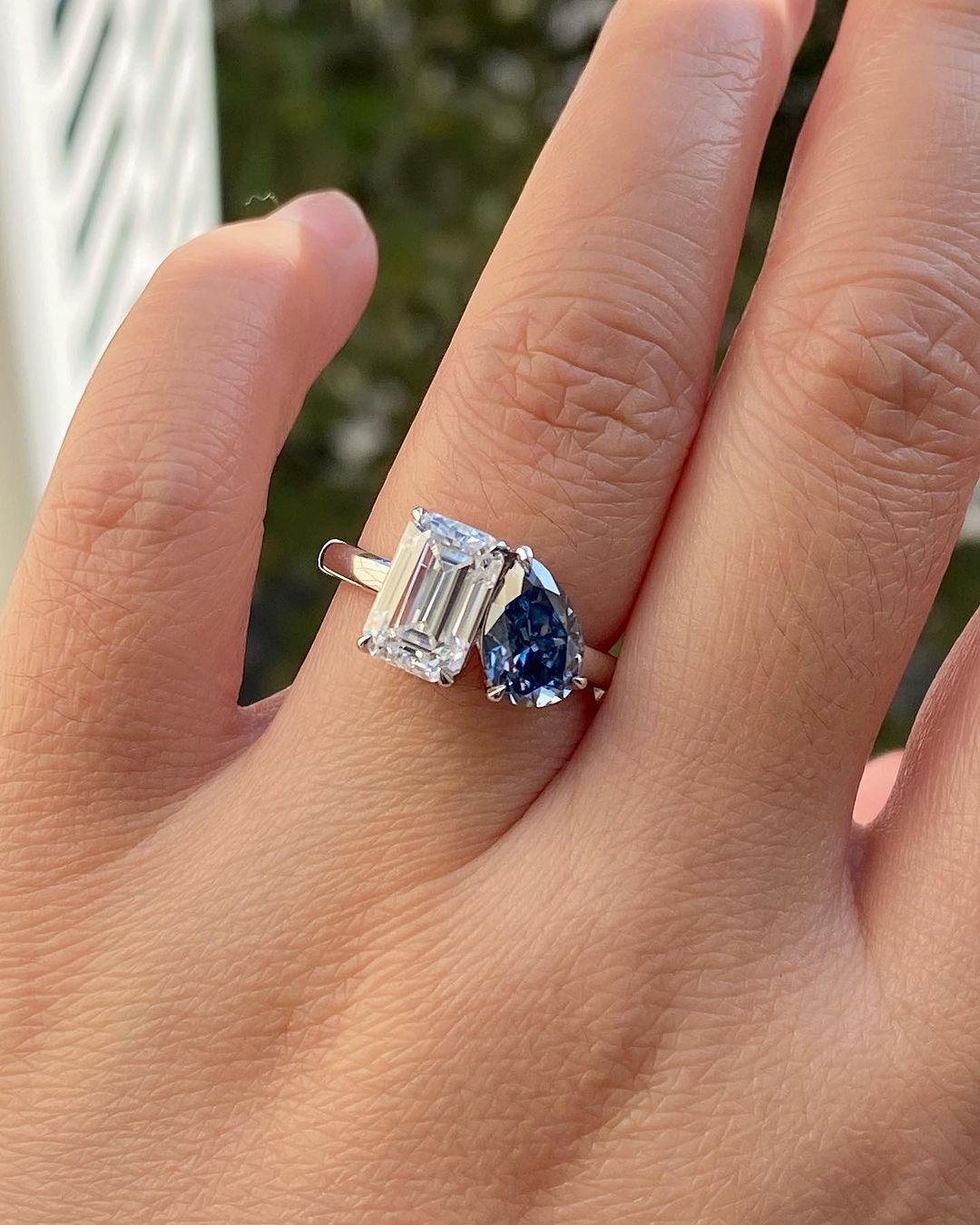 3.20Ct White Emerald And Blue Pear Cut Two Stone Ring | Toi Et Moi Ring | Anniversary Gift Ring For Wife