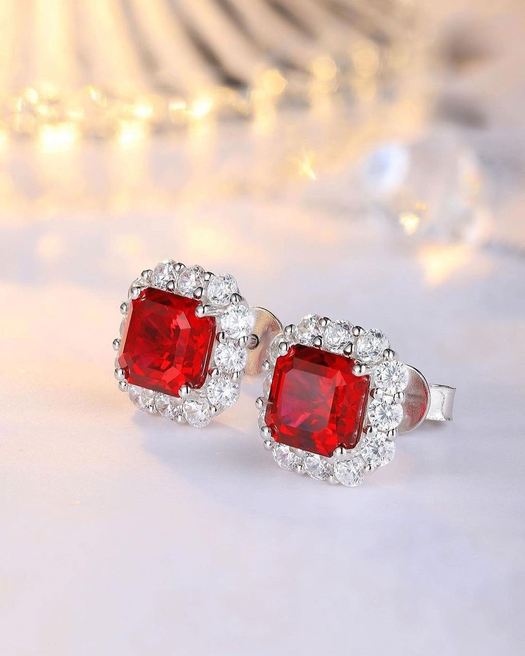 Red Asscher Cut Cubic Zirconia Halo Stud Earrings For Women | Bridesmaid Engagement Gift Earring | Party Wear Earring For Ladies