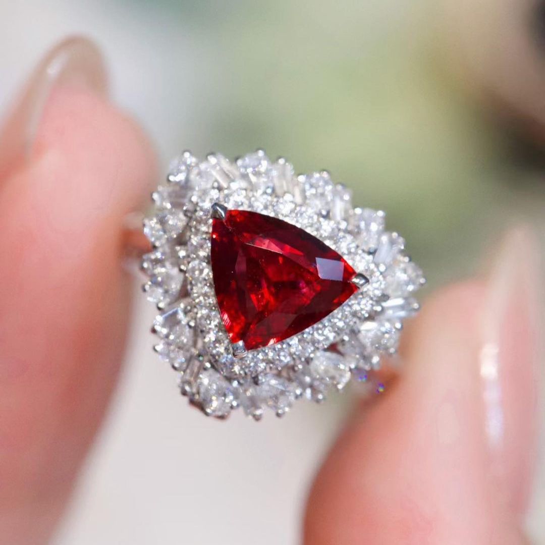 3.2Ct Red Trillion Cut Double Halo Ring | Party Wear Ring For Women | Elegant Design | Special Occasion Ring