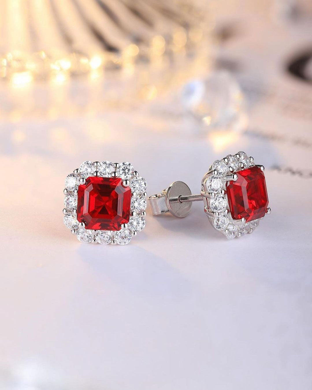 Red Asscher Cut Cubic Zirconia Halo Stud Earrings For Women | Bridesmaid Engagement Gift Earring | Party Wear Earring For Ladies