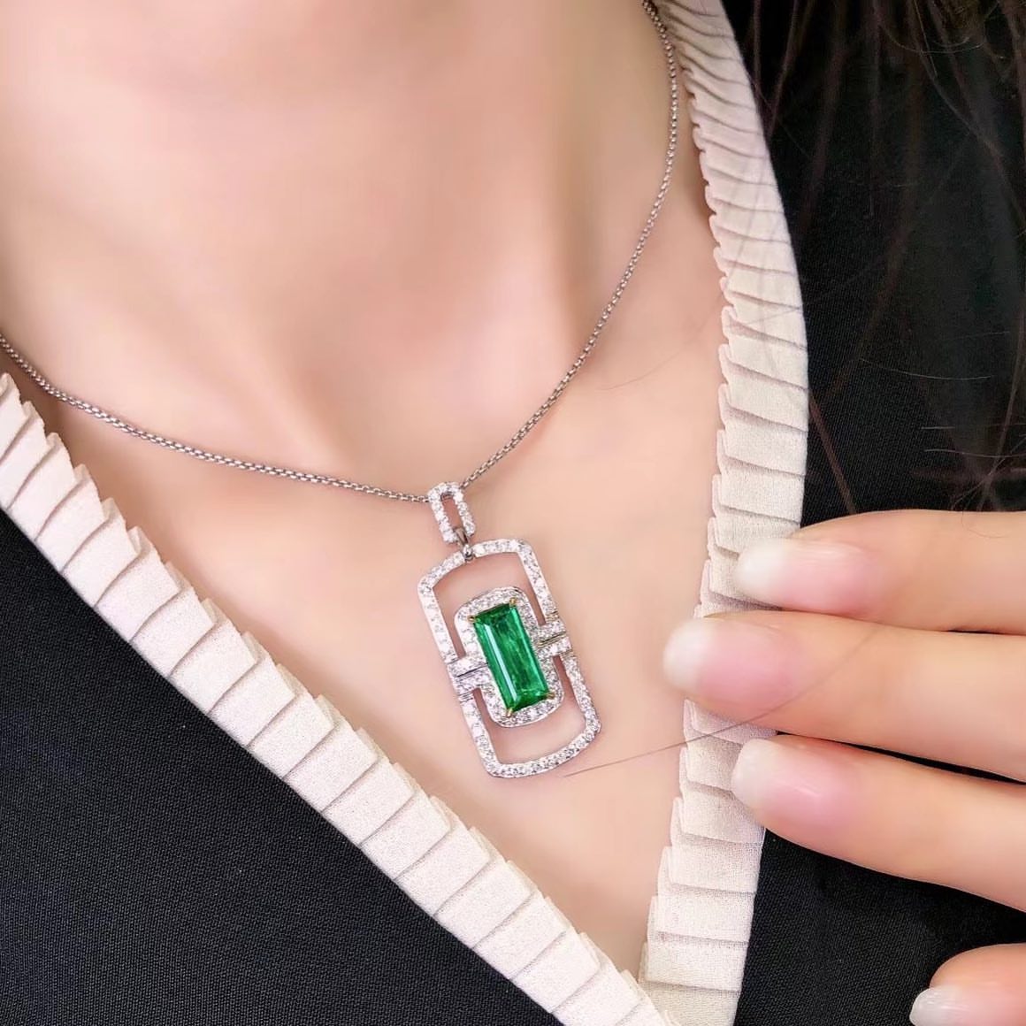 3.10Ct Green Baguette Cut Halo Pendant | Birthday Gift Pendant For Women | Stunning Pendant | Forever One Pendant