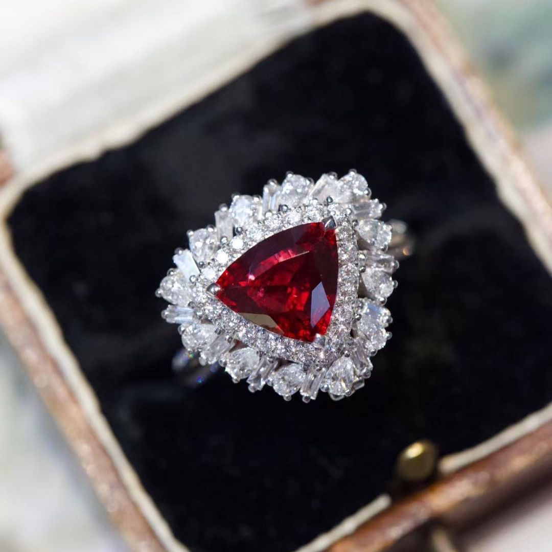 3.2Ct Red Trillion Cut Double Halo Ring | Party Wear Ring For Women | Elegant Design | Special Occasion Ring