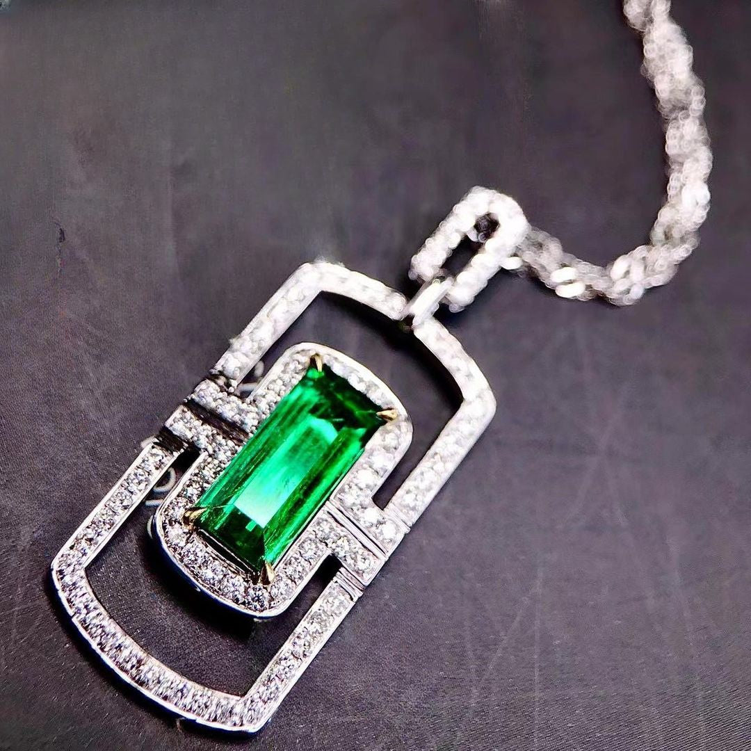 3.10Ct Green Baguette Cut Halo Pendant | Birthday Gift Pendant For Women | Stunning Pendant | Forever One Pendant