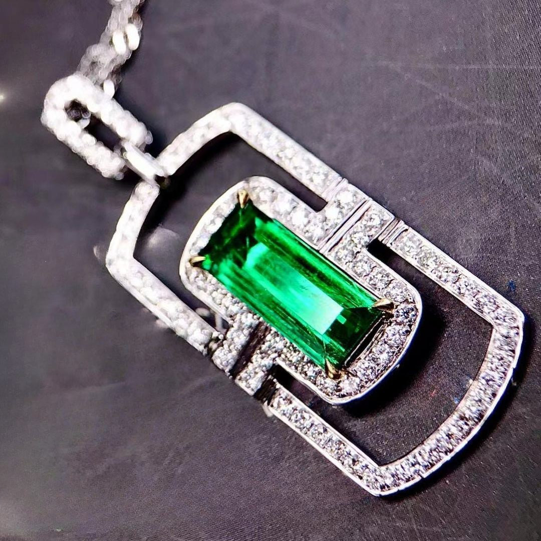 3.10Ct Green Baguette Cut Halo Pendant | Birthday Gift Pendant For Women | Stunning Pendant | Forever One Pendant