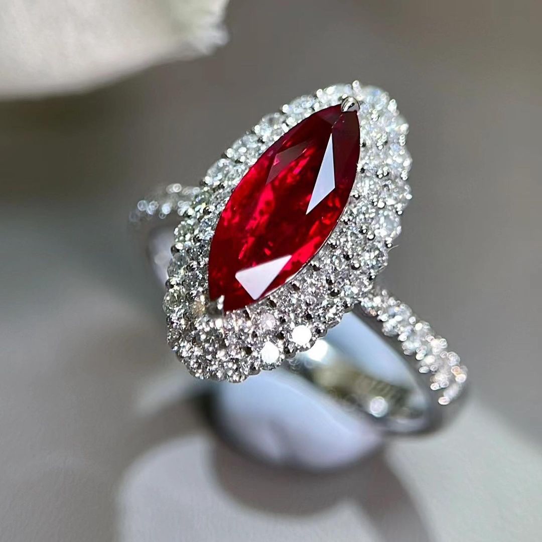 3.2Ct Red Marquise Cut Double Halo Ring | Anniversary Gift Ring For Wife | Unique Ring | Glamorous Ring
