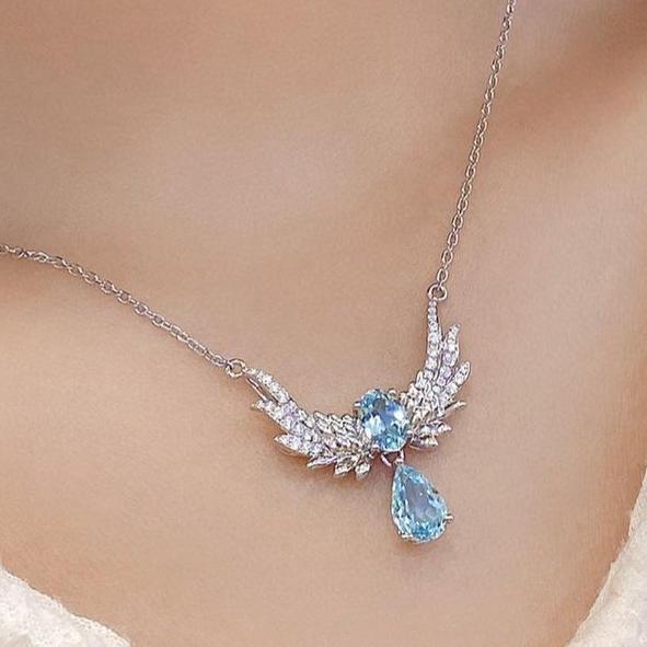 Wings Shape 3.20Ct Aquamarine Color Oval And Pear Cut Two Stone Pendant | Birthday Gift For Her | Surprise Gift Pendant | Jewelry Collection