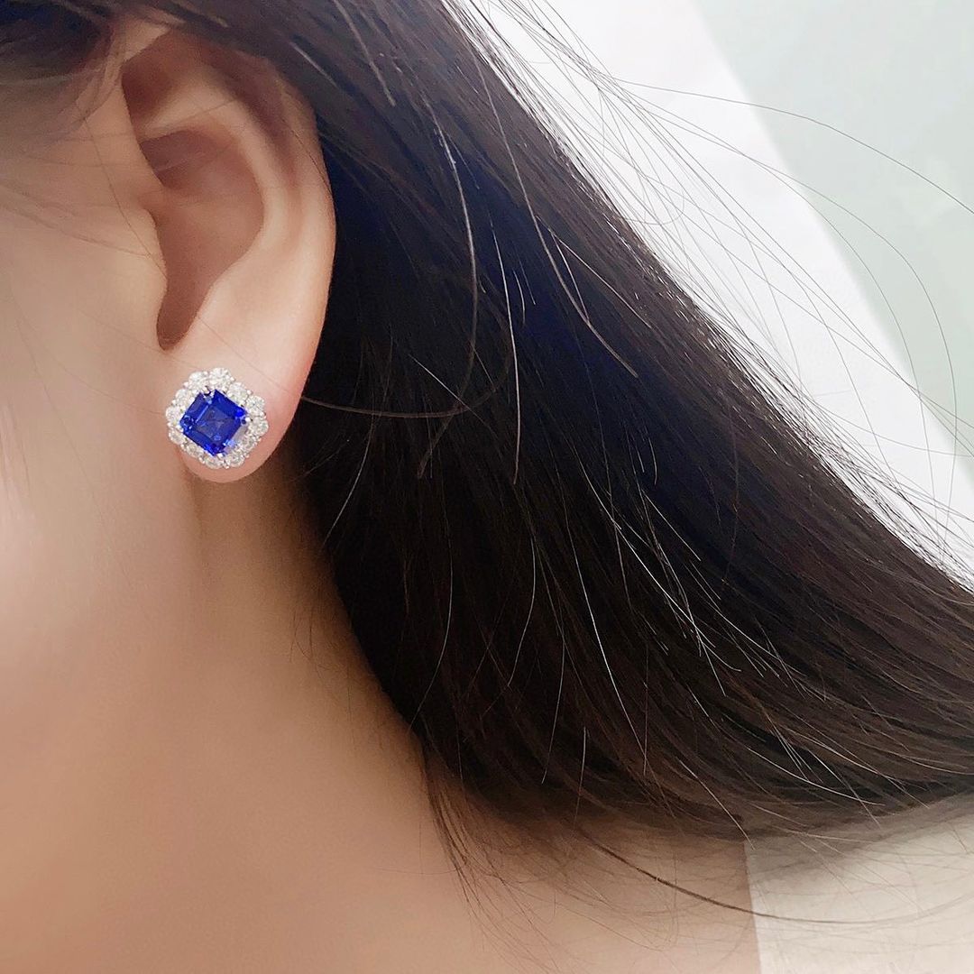 Blue Asscher Cut Cubic Zirconia Halo Stud Earrings For Ladies | Party Wear Earring For Women | Perfect Occasion Gift Earring For Her