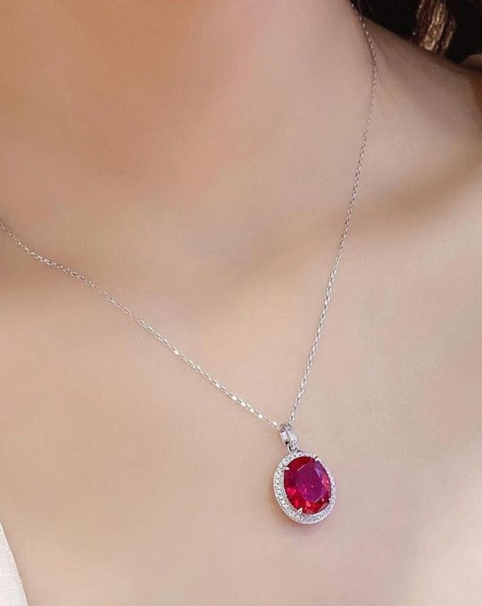 3.30Ct Red Oval Cut Solitaire With Halo Pendant | Party Wear Pendant | Wedding Gift For Women | Bridal Jewelry