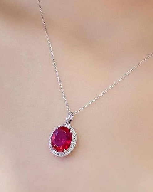 3.30Ct Red Oval Cut Solitaire With Halo Pendant | Party Wear Pendant | Wedding Gift For Women | Bridal Jewelry