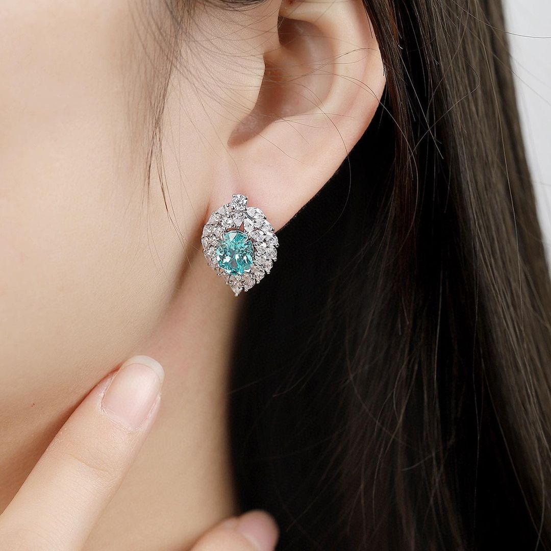 Aquamarine Oval Cut Cubic Zirconia Halo With Cluster Stud Earring For Her | Special Occasion Gift Earring For Women | Modern Bridal Earrings