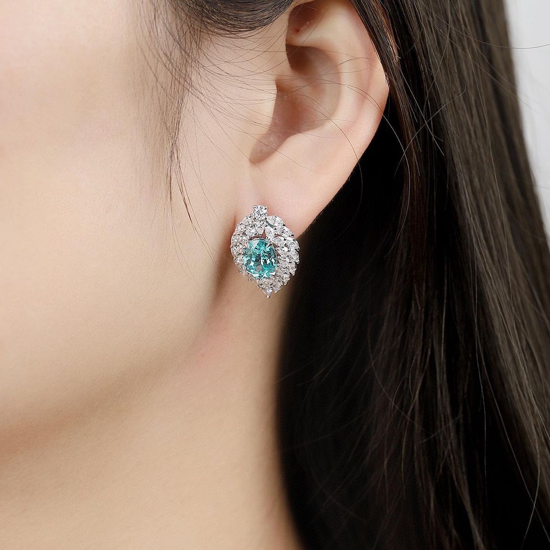 Aquamarine Oval Cut Cubic Zirconia Halo With Cluster Stud Earring For Her | Special Occasion Gift Earring For Women | Modern Bridal Earrings