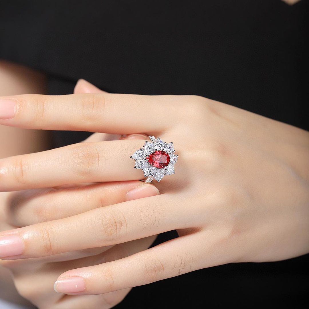 3.2Ct Red Pear Cut Halo Ring | Wedding Ring For Bridal | Awesome Ring | Statement Ring