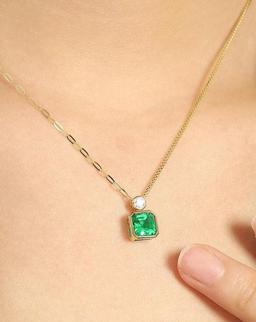 3.10Ct Green Asscher Cut Bezel Pendant | Daily Wear Pendant | Birthstone Pendant For Her | Luxury Jewelry