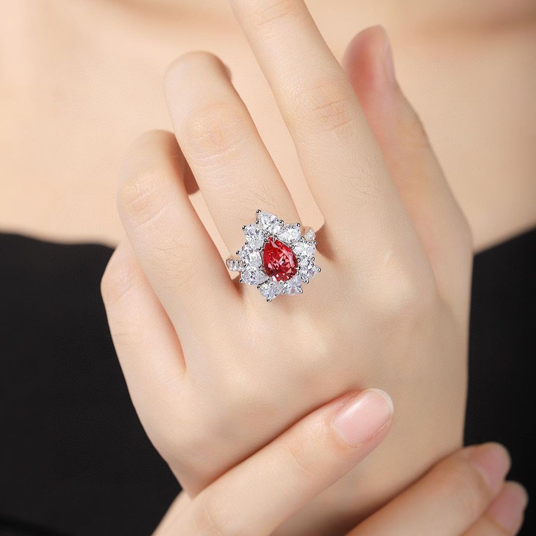 3.2Ct Red Pear Cut Halo Ring | Wedding Ring For Bridal | Awesome Ring | Statement Ring