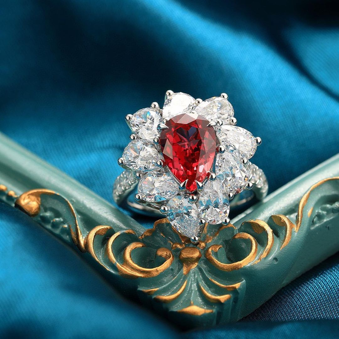 3.2Ct Red Pear Cut Halo Ring | Wedding Ring For Bridal | Awesome Ring | Statement Ring