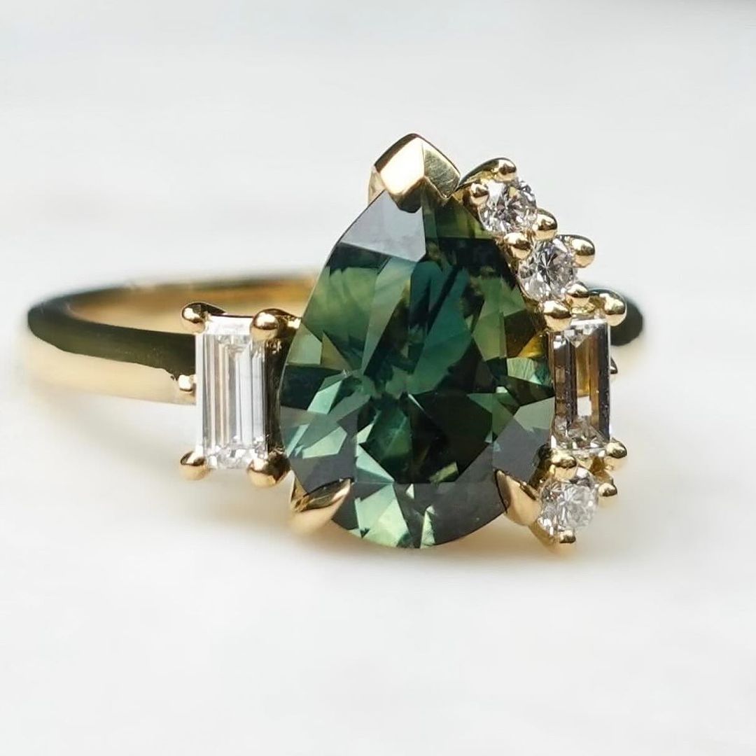 3.20Ct Green Blue Pear Cut Moissanite Solitaire Ring Set | Wedding Ring Set For Bridal | Designer Ring Set | Timeless Design