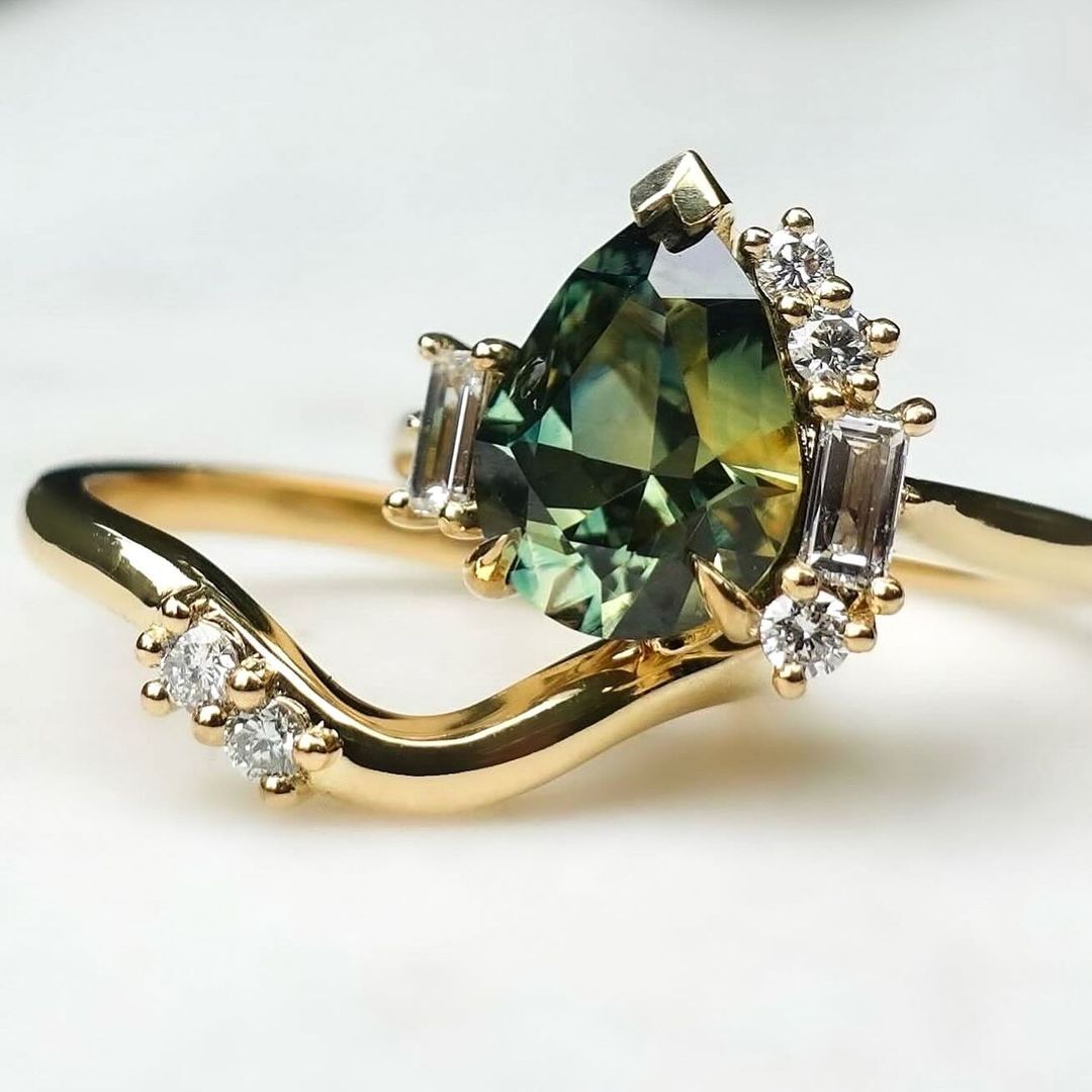 3.20Ct Green Blue Pear Cut Moissanite Solitaire Ring Set | Wedding Ring Set For Bridal | Designer Ring Set | Timeless Design