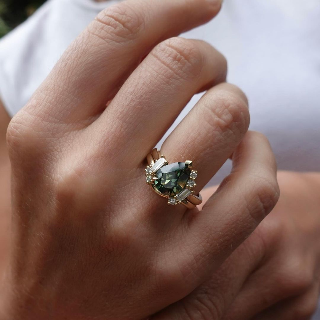 3.20Ct Green Blue Pear Cut Moissanite Solitaire Ring Set | Wedding Ring Set For Bridal | Designer Ring Set | Timeless Design