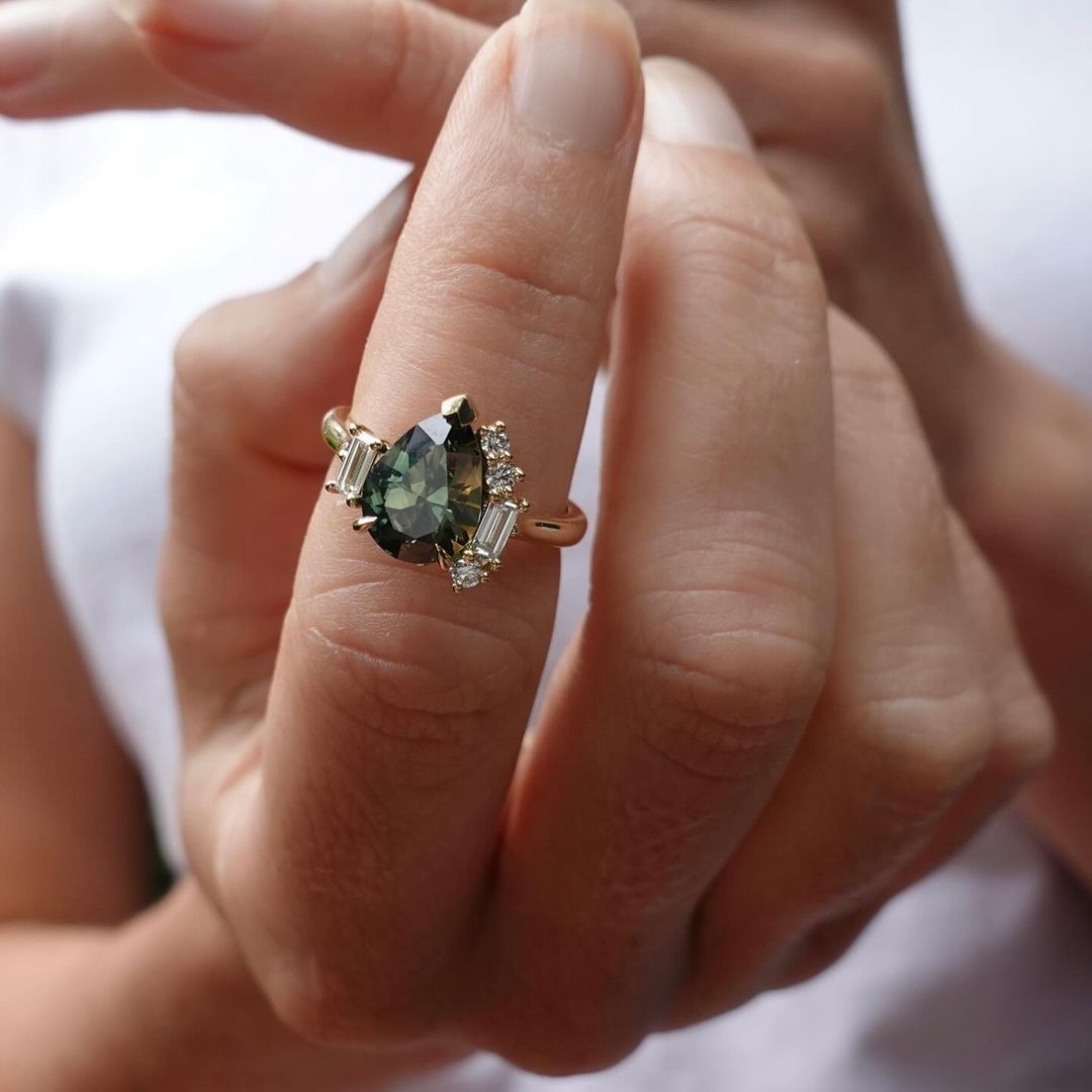 3.20Ct Green Blue Pear Cut Moissanite Solitaire Ring Set | Wedding Ring Set For Bridal | Designer Ring Set | Timeless Design