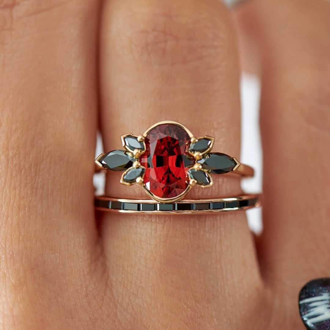 2.8Ct Red Oval Cut Half Bezel Ring Set | Bridal Wedding Ring Set | Double Band Ring Set | Beautiful Ring Set