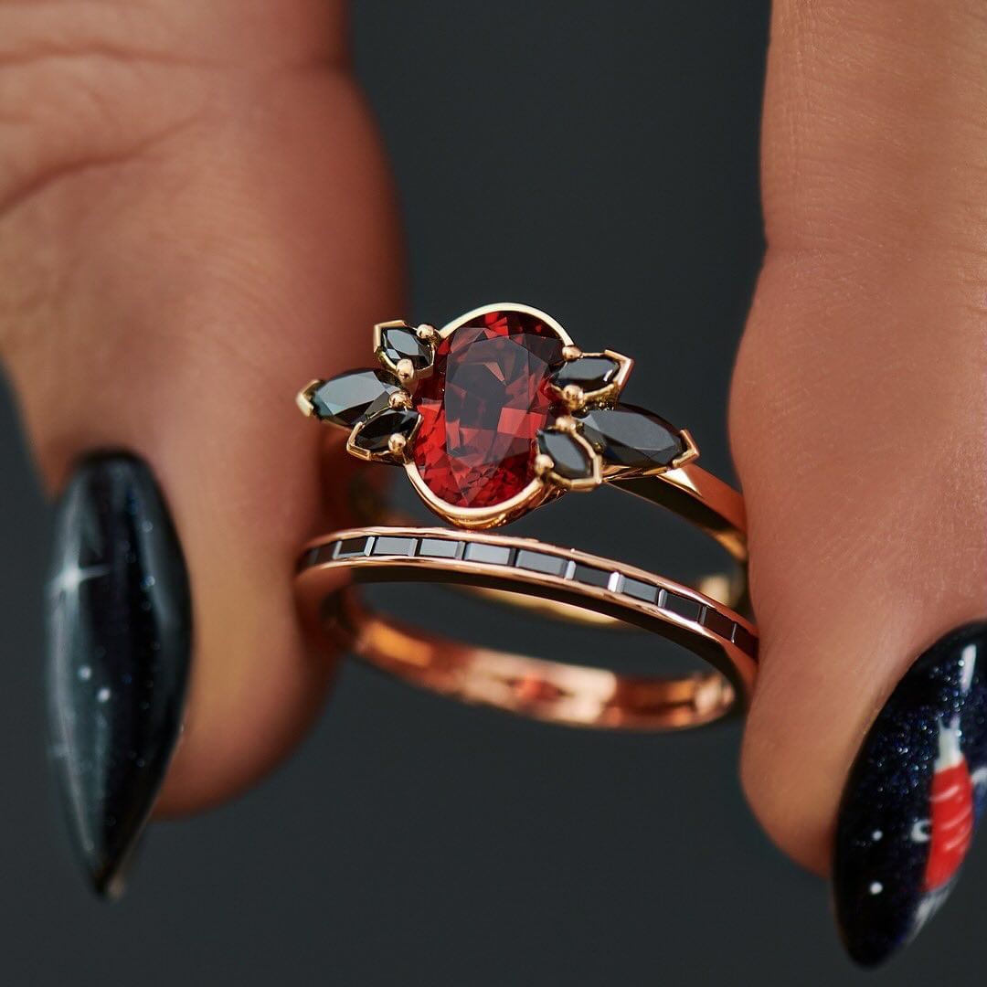 2.8Ct Red Oval Cut Half Bezel Ring Set | Bridal Wedding Ring Set | Double Band Ring Set | Beautiful Ring Set