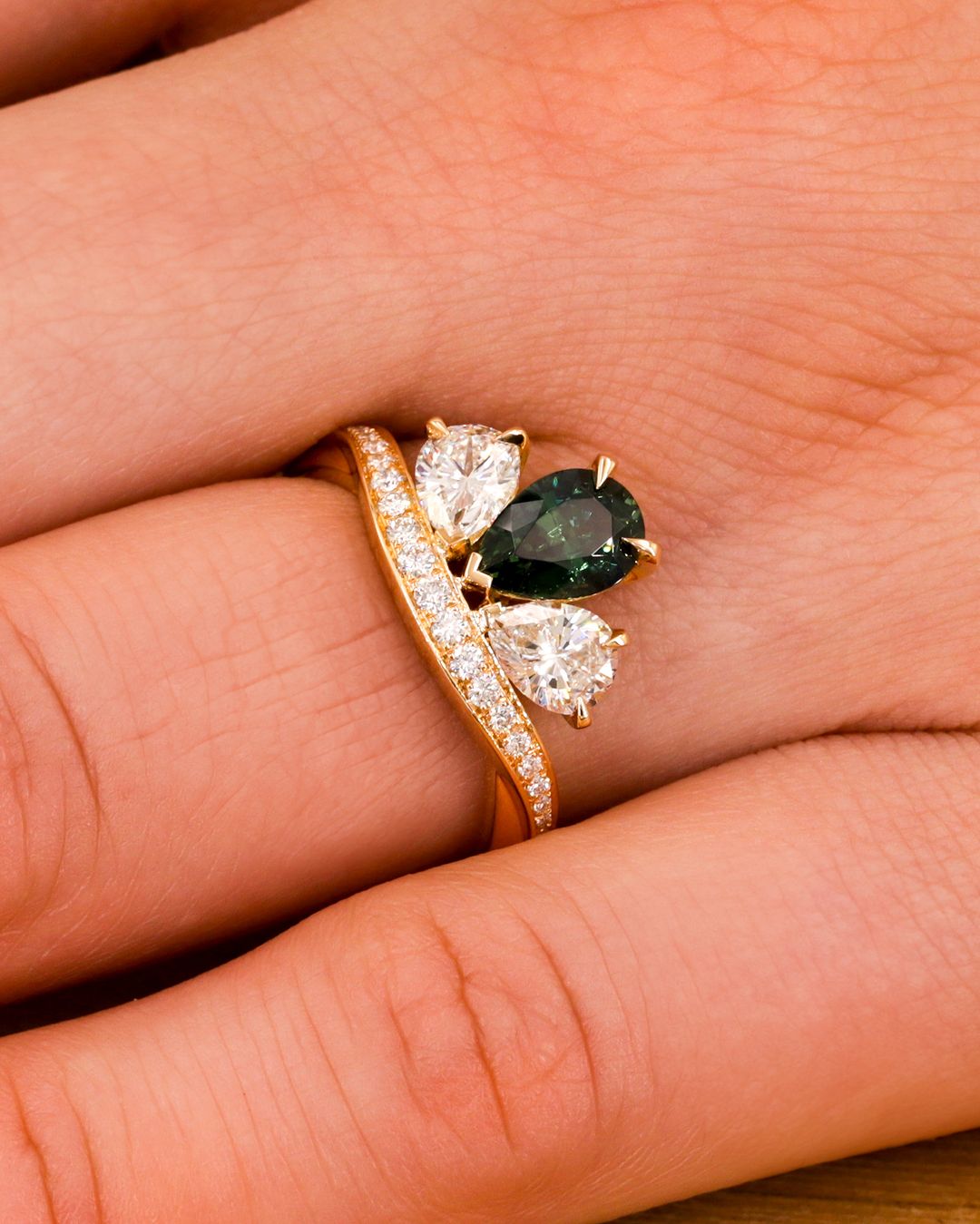 2.5CT Green Pear Cut Three Stone Ring | Engagement Ring For Fiancee | Women Jewelry Collection | Promise Ring For Her